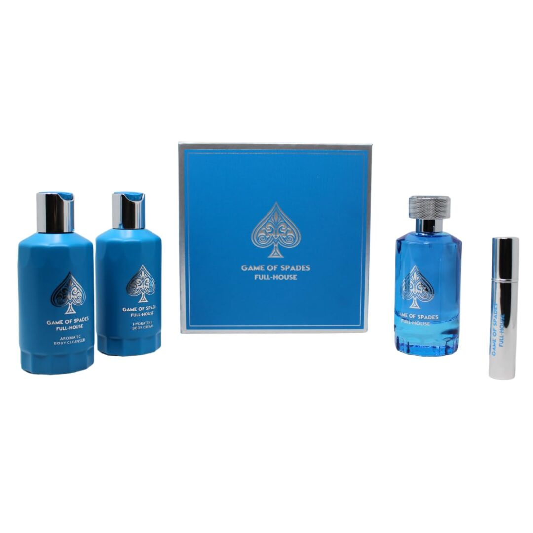 Jo Milano Game of Spades FULL-HOUSE 4PCS 3.4oz Parfum 6.8oz Body Cleanser 6.8oz Body Cream 0.27 Oz Refillable Atomizer Unisex Whole Body Skin Care Set