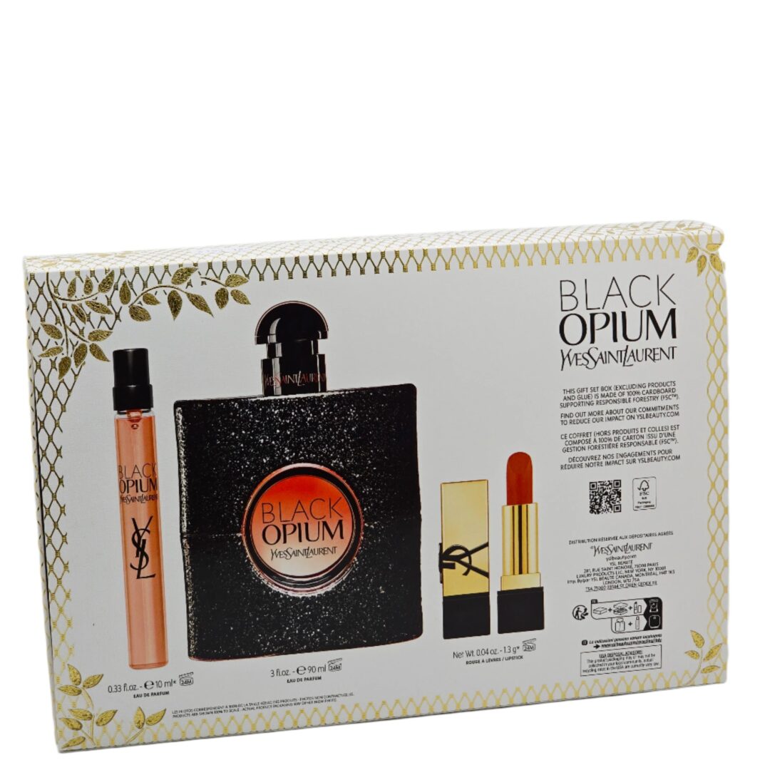 Black Opium Gift Set by YSL – EDP 3 oz + Travel Spray + Lipstick